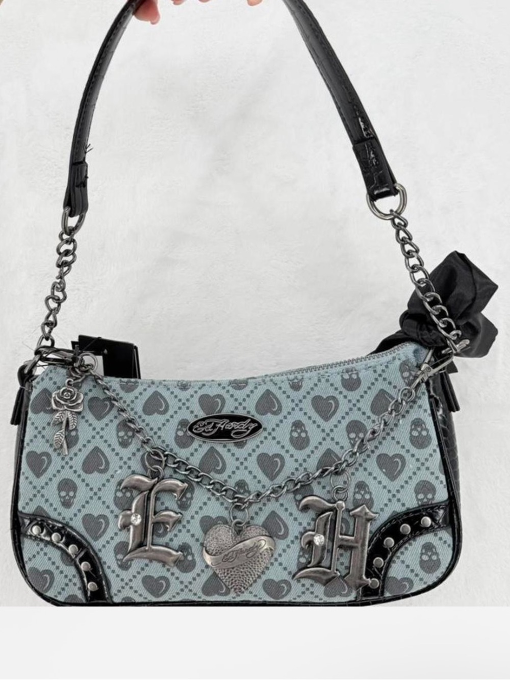 Ed Hardy Black and Light Blue Heart & Skull Mini Shoulder Bag with Chain Charm